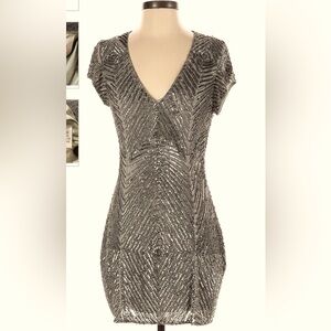 Glass Beaded and Sequined Parker dress. Sz S Taupe/Champagne. Gatsby!